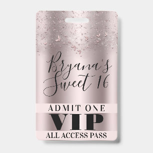 Pink Butterflies Sweet 16 Party VIP Pass Badge ID Badge