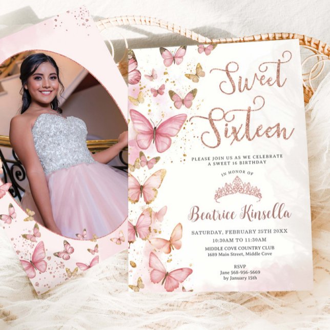 Pink Butterflies Sweet Sixteen 16 Birthday Photo Invitation (Creator Uploaded)