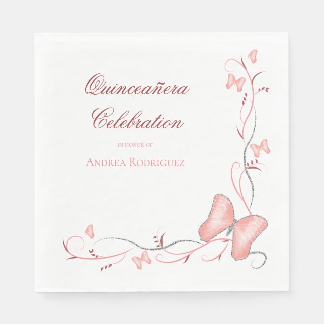 Pink Butterflies & Swirls Quinceañera Napkin (Front)