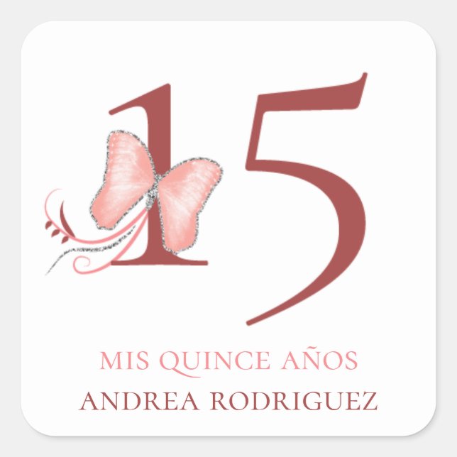 Pink Butterflies & Swirls Quinceañera Square Sticker (Front)