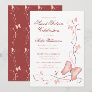 Pink Butterflies & Swirls Sweet 16 Invitation
