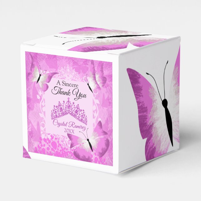 Pink Butterflies, Tiara Quinceanera Favour Box (Front Side)