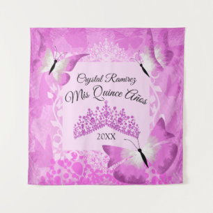 Pink Butterflies, Tiara Quinceanera Wall Drape Tapestry