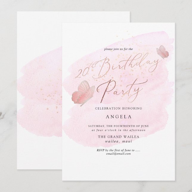 Pink Butterflies Watercolor Champagne 20 DIY YEAR Invitation (Front/Back)
