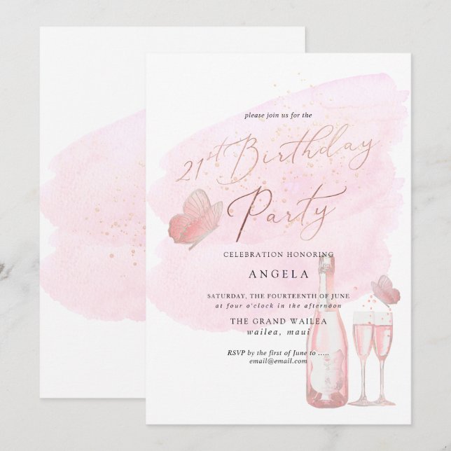 Pink Butterflies Watercolor Champagne 21 DIY YEAR Invitation (Front/Back)