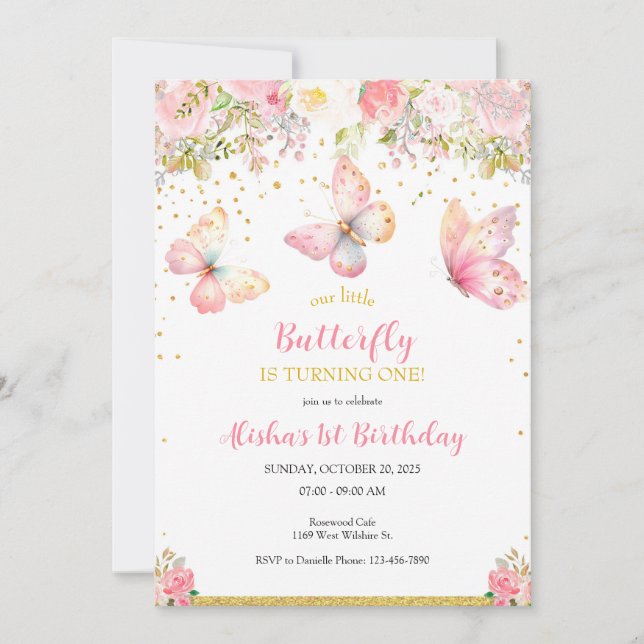 Pink Butterfly 1st Birthday Invitation (Front)