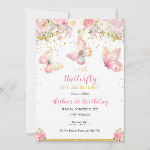 Pink Butterfly 1st Birthday Invitation