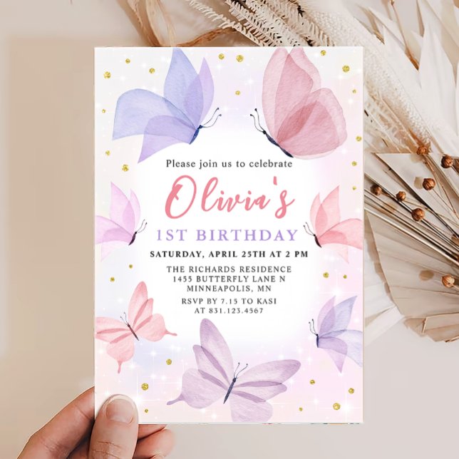 Pink Butterfly 1st Birthday Invitation (Creator Uploaded)