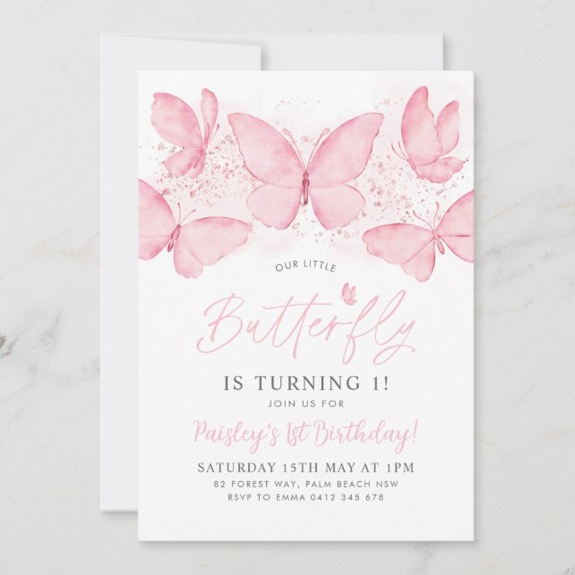Pink Butterfly 1st Birthday Invitation Baby Girl (Front)