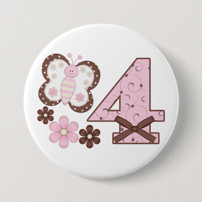 Pink Butterfly 4th Birthday Button (Front)