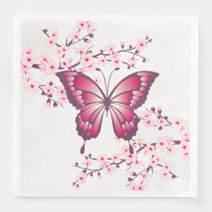 Pink Butterfly And Cherry Blossom Floral Napkin