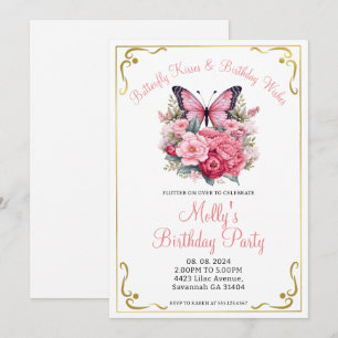 Pink Butterfly and Flowers Any Age Birthday Party  Invitation