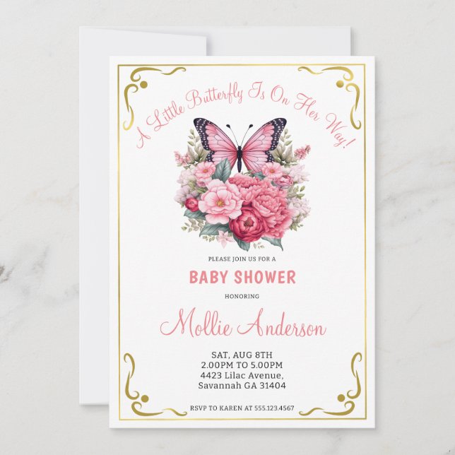 Pink Butterfly and Flowers Baby Shower  Invitation (Front)