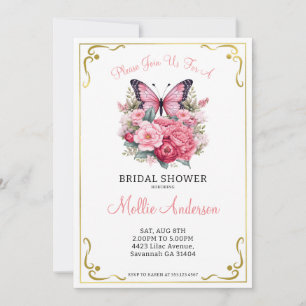Pink Butterfly and Flowers Bridal Shower  Invitation