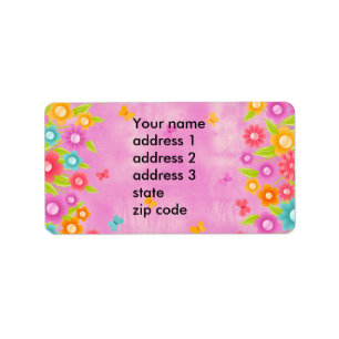 Pink butterfly and flowers label
