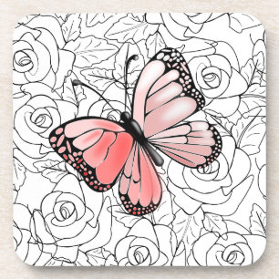 Pink Butterfly And Roses Art - Choose Colors Coaster