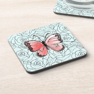 Pink Butterfly And Roses Art - Choose Colour - Coaster