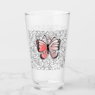 Pink Butterfly And Roses Art Glass