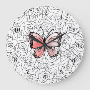 Pink Butterfly And Roses Art - Large Clock