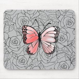 Pink Butterfly And Roses Art Mouse Mat