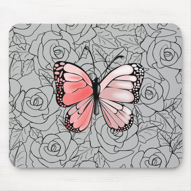 Pink Butterfly And Roses Art Mouse Mat (Front)