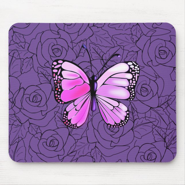 Pink Butterfly And Roses Art - Mouse Mat (Front)