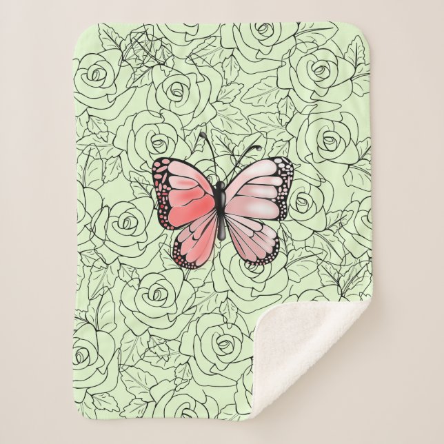 Pink Butterfly And Roses Art    - Sherpa Blanket (Front)