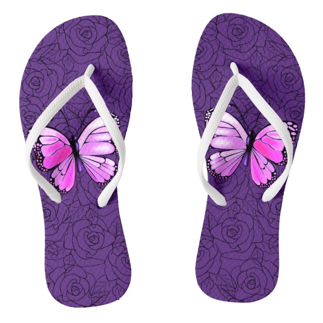 Pink Butterfly And Roses Flip Flops (Footbed)