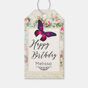 Pink Butterfly and Shabby Vintage Roses Birthday Gift Tags