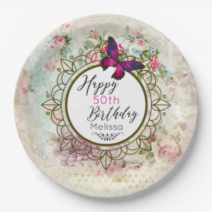 Pink Butterfly and Shabby Vintage Roses Birthday Paper Plate