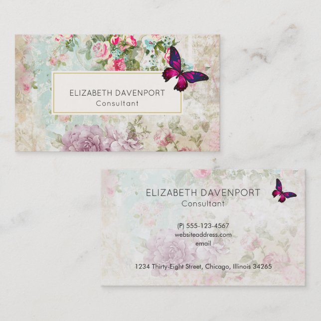 Pink Butterfly and Shabby Vintage Roses Business Card (Front/Back)