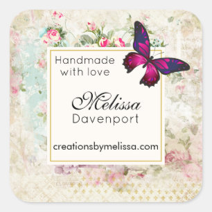 Pink Butterfly and Shabby Vintage Roses Business Square Sticker