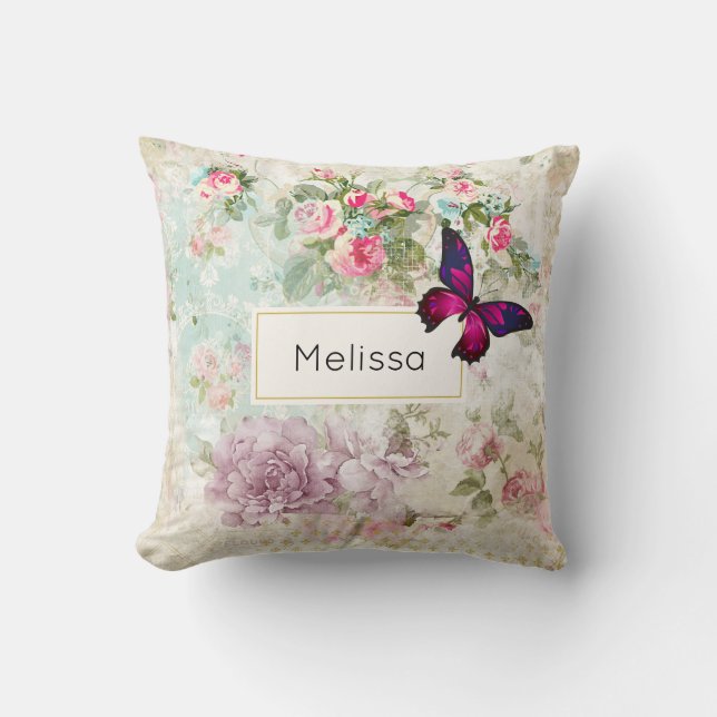 Pink Butterfly and Shabby Vintage Roses Cushion (Front)