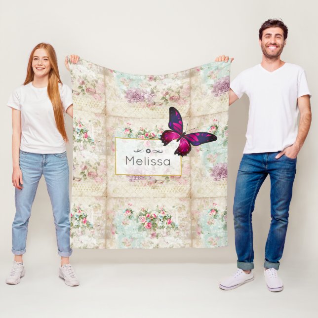 Pink Butterfly and Shabby Vintage Roses Fleece Blanket (In Situ)