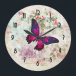 Pink Butterfly and Shabby Vintage Roses Large Clock<br><div class="desc">A clock with an elegant pink magenta butterfly with purple accents. A white frame with a gold coloured border is layered over top a shabby vintage collage with pink roses and other decorative elements. A chic old-fashioned vibe. Art deco clock face.</div>