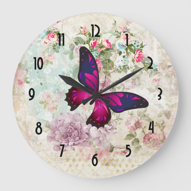 Pink Butterfly and Shabby Vintage Roses Large Clock (Front)