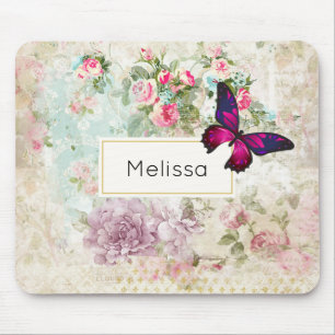 Pink Butterfly and Shabby Vintage Roses Mouse Mat