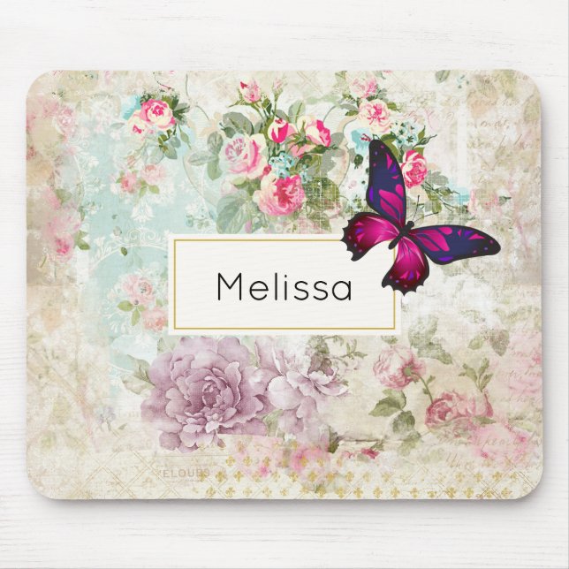 Pink Butterfly and Shabby Vintage Roses Mouse Mat (Front)