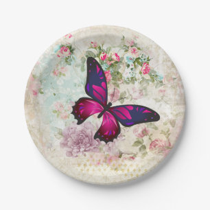 Pink Butterfly and Shabby Vintage Roses Paper Plate