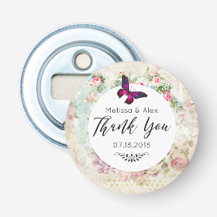 Pink Butterfly and Shabby Vintage Roses Thank You Bottle Opener