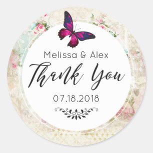 Pink Butterfly and Shabby Vintage Roses Thank You Classic Round Sticker