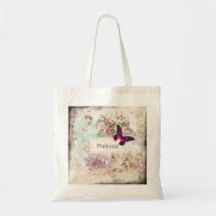 Pink Butterfly and Shabby Vintage Roses Tote Bag