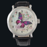 Pink Butterfly and Shabby Vintage Roses Watch<br><div class="desc">A watch with an elegant pink magenta butterfly with purple accents. A white frame with a gold coloured border is layered over top a shabby vintage collage with pink roses and other decorative elements. A chic old-fashioned feel. Charming art deco clock face.</div>