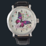 Pink Butterfly and Shabby Vintage Roses Watch<br><div class="desc">A watch with an elegant pink magenta butterfly with purple accents. A white frame with a gold coloured border is layered over top a shabby vintage collage with pink roses and other decorative elements. A chic old-fashioned feel. Charming art deco clock face.</div>