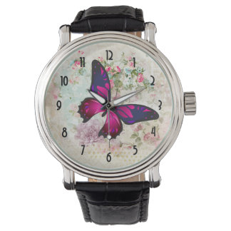 Pink Butterfly and Shabby Vintage Roses Watch