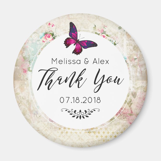 Pink Butterfly and Shabby Vintage Roses Wedding Magnet (Front)