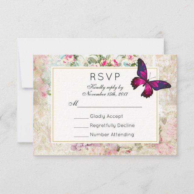 Pink Butterfly and Vintage Roses Wedding RSVP (Front)