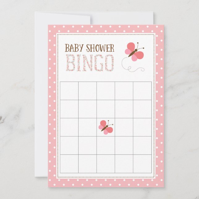 Pink Butterfly Baby Shower Bingo Card (Front)