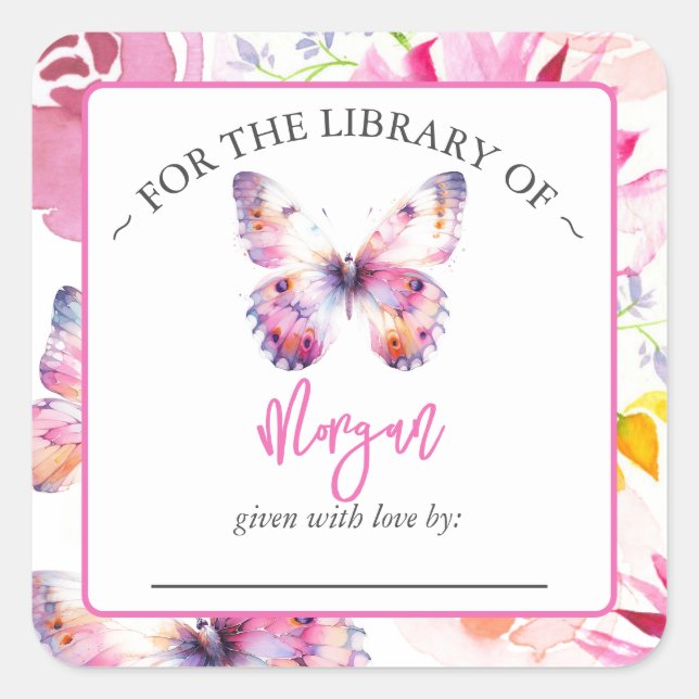 Pink Butterfly Baby Shower Bookplate Square Sticker (Front)