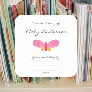 Pink Butterfly baby shower bookplate Square Sticker